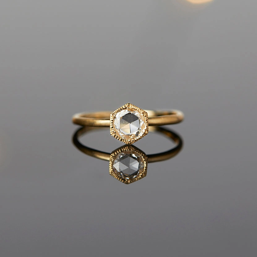 5mm White Diamond Rose Cut Hexagon Solitaire Ring | R3701W