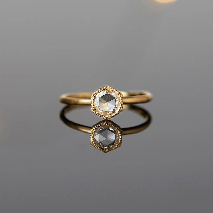 5mm White Diamond Rose Cut Hexagon Solitaire Ring | R3701W