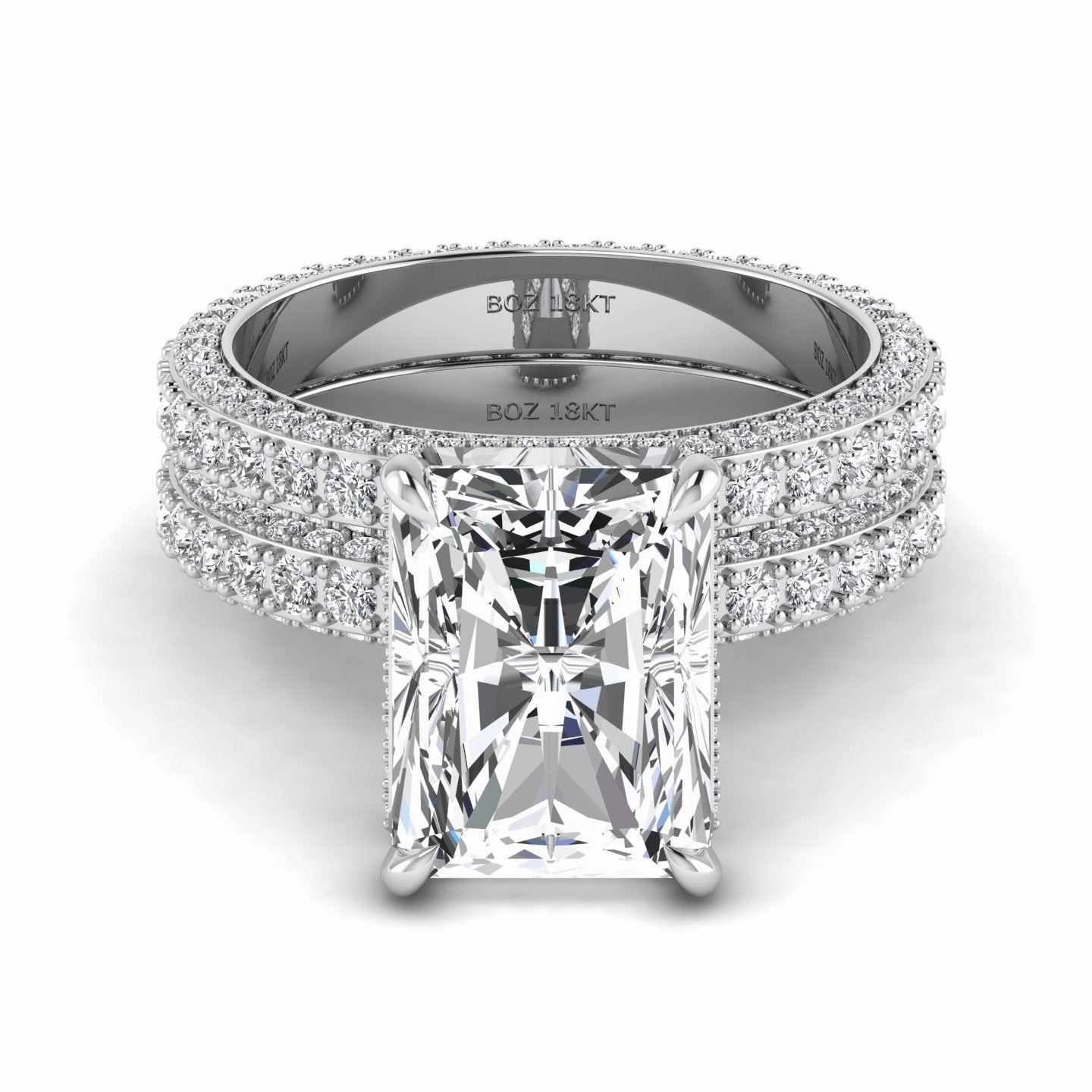 Amina Radiant Cut Moissanite Bride Set in 18K Gold