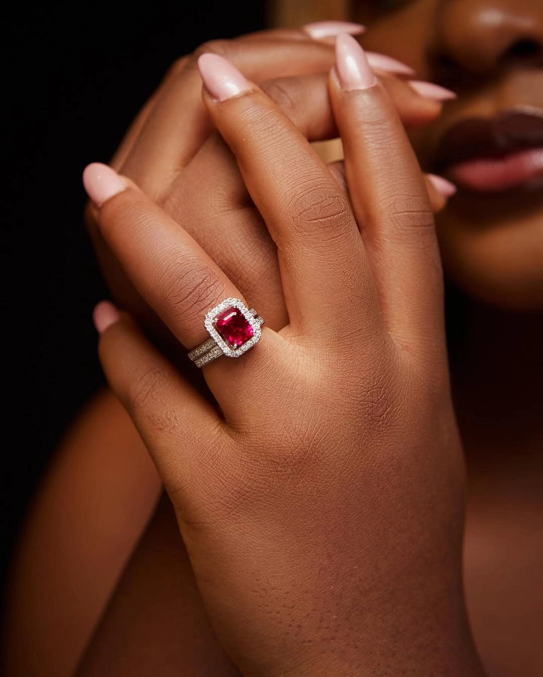 Ruby Love Radiant Cut Natural Diamond Side Stones Bride Set in Platinum