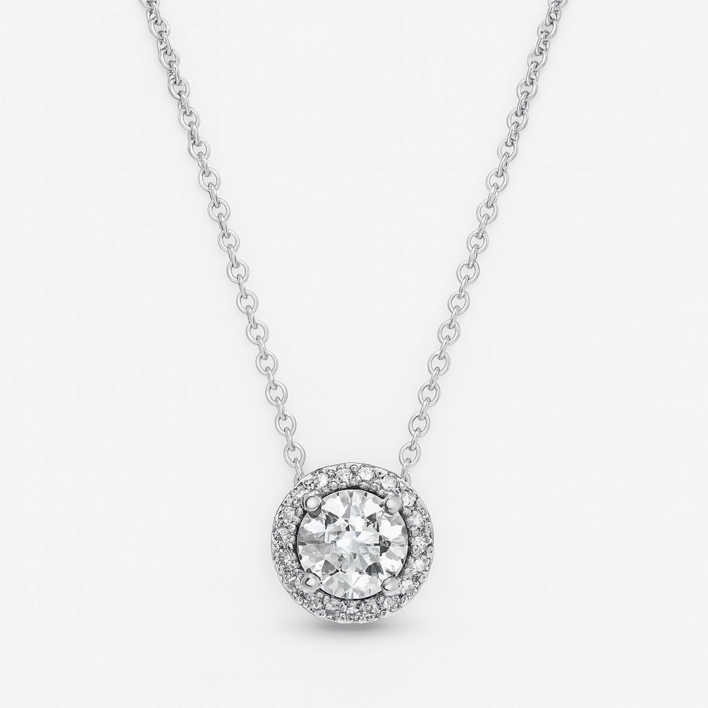 Single Halo Solitaire Round Cut Moissanite Necklace in 925 Sterling Silver