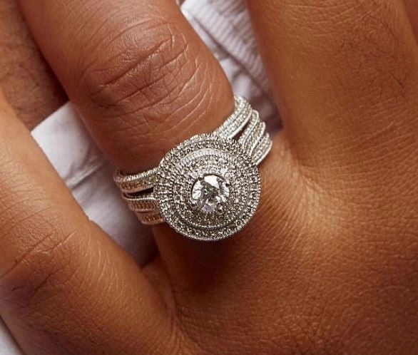 Zack Triple Halo Round Cut 3-piece Natural Diamond Bride Set in 18k Gold