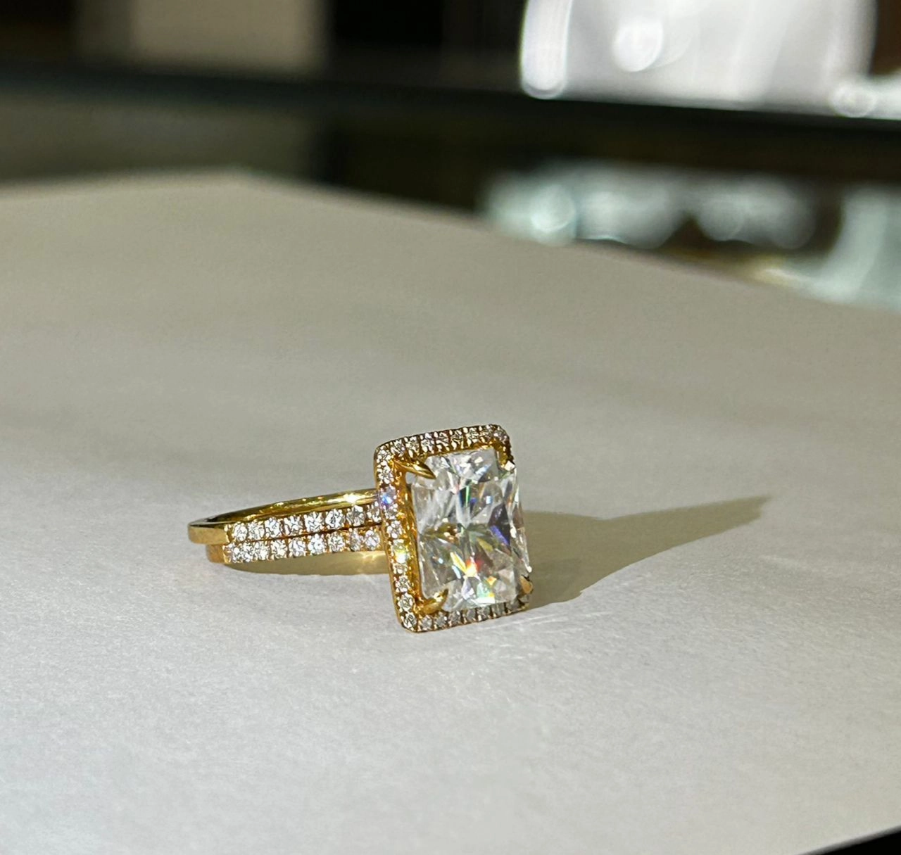 Zia Radiant Cut Moissanite and Natural Diamonds Bride Set in 18K Gold